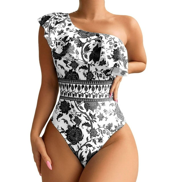 asddcavvf Bikini Sets for Women Piece Swimsuit With Ruffled Off Shoulder Print Conservative and Slim