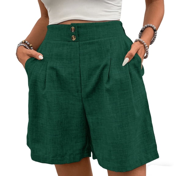 AOOCHASLIY Linen Shorts for Women Summer Casual Button Elastic High Waist Shorts Pleated Short Pants Beach Vacation Outfits