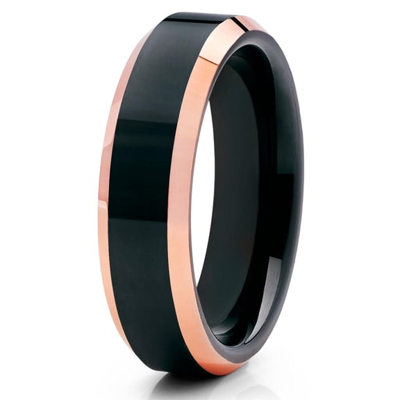 Tungsten Carbide Wedding Band Rose Gold Tungsten Ring Polished Black Tungsten Carbide 6mm Comfort Fit Men & Women
