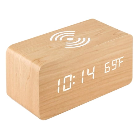 Suodoka Smart LED Desk Clock with Wireless Charger, Dual‑Temperature Display, Brightness Control, USB/AAA Power, Stylish Bamboo Finish