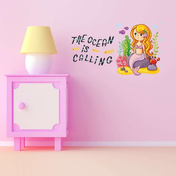 The Ocean Is Calling Mermaid Colorful Fish Salt Water Creatures Seahorse Urchin Kelp Queen Sweet Dreams Bedtime Unicorn Lovely Dear Dream Decorating Wall Decal Sticker - Size: 20 In X 12 In