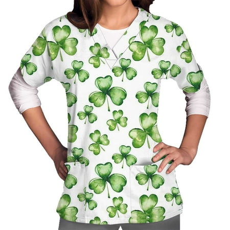 

ZQGJB St. Patrick s Day Scrub Tops for Women Green Clover Print Short Sleeve V Neck Working Uniform Tunic Shirts with Pockets(Green#02 XXL)