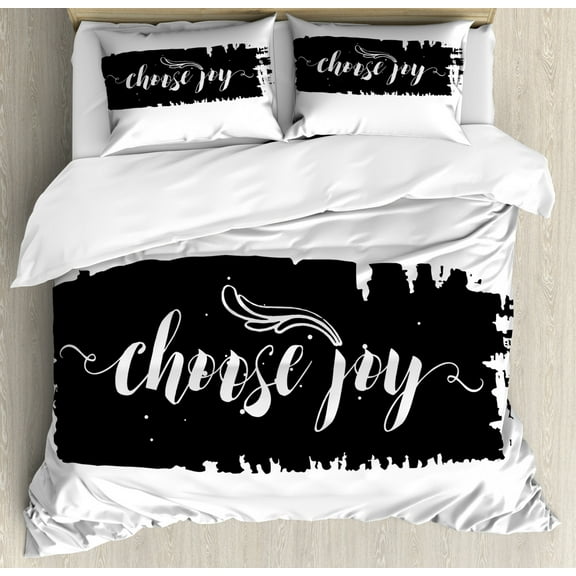 Choose Joy Duvet Cover Set King Size, Sketchy Layout of Lettering Monochromatic Be Joyous Forget Sadness, Decorative 3 Piece Bedding Set with 2 Pillow Shams, Charcoal Grey and White, by Ambesonne