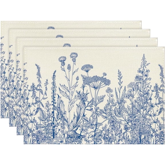 Blue Antique Herbs and Wild Flowers Spring Placemats Set of 4, 12x18 Inch Seasonal Table Mats for Party Kitchen Dining Decoration
