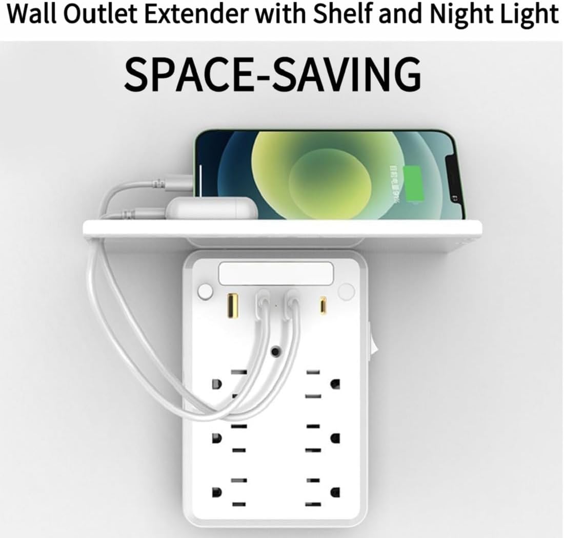 Wall Outlet Extender with Shelf Night Light, 2025 New Multi-Plug Outlet Splitter with Detachable Mobile Storage Rack with USB Ports