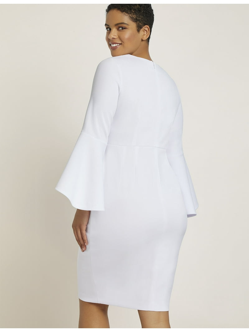 ELOQUII Women's Plus Size Crewneck Dress with Flare Sleeve, Close