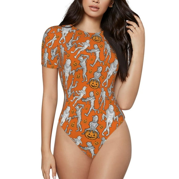Balery Halloween Mummy Body de cuello redondo de manga corta para mujer Tops de manga corta Tops básicos-Large