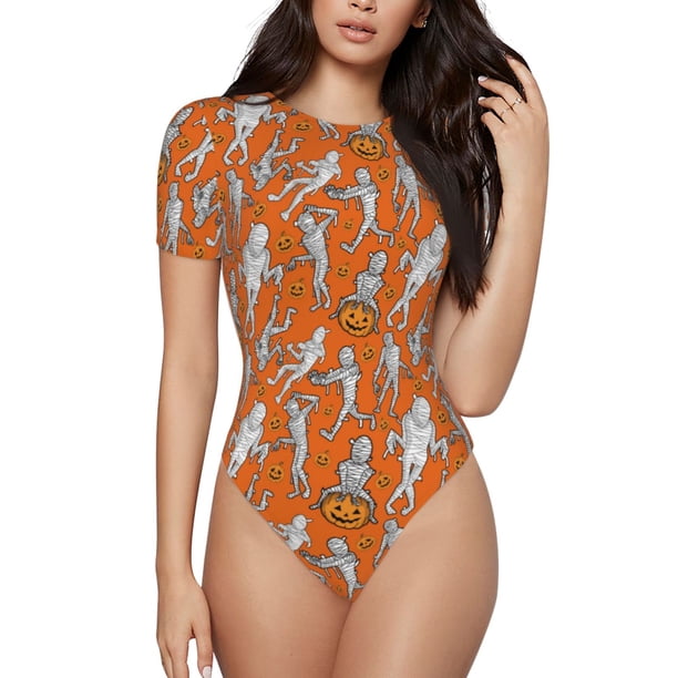 Balery Halloween Mummy Body de cuello redondo de manga corta para mujer Tops de manga corta Tops básicos-XX-Large