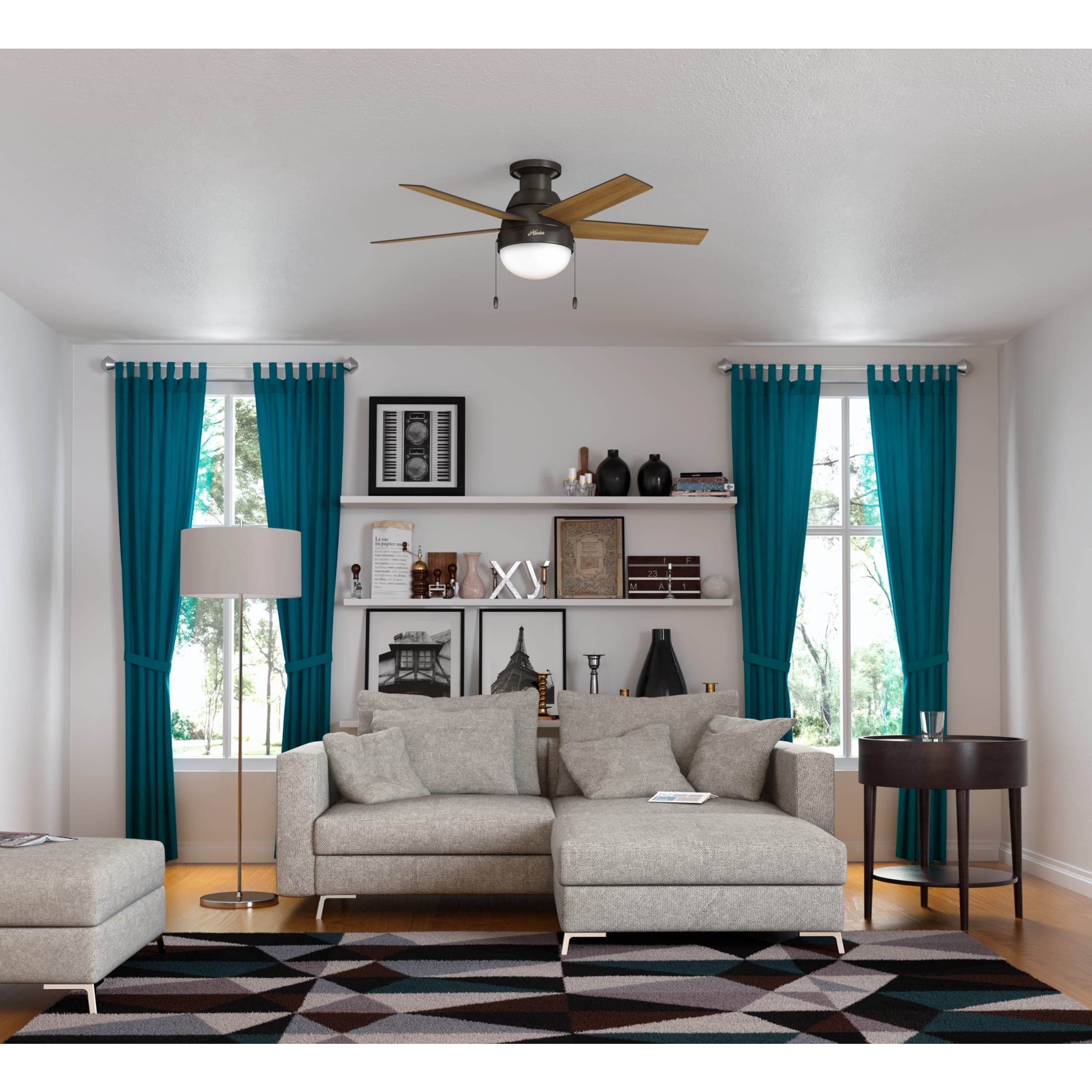 Hunter 46 inch Indoor Ceiling Fan with LED Light - Bronze Ceiling Fan with Pull Chain, For Bedroom, Living Room, or Kitchen, Low Profile Mount, No Remote, 5 Blades - Anslee 59268, Premier Bronze