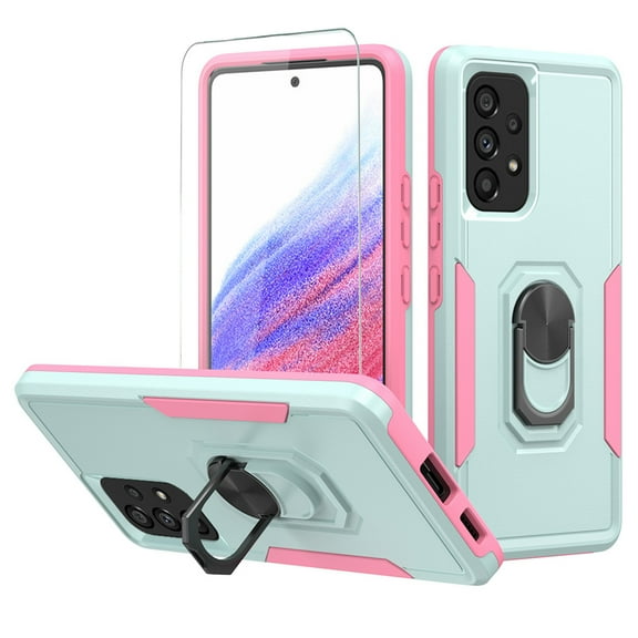 NIFFPD Galaxy A53 5G Case with Screen Protector, Shockproof Phone Case with Ring Kickstand for Samsung Galaxy A53 5G Teal Pink
