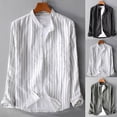 thumbnail image 4 of WREESH Men's Casual Striped Cotton Linen Shirt Long Sleeved Stand Collar Button Up Shirt Able Shirt Top Shirt Black, 4 of 5