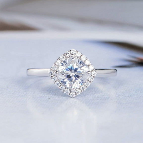 Brig Jewelry 2 Ct Cushion Cut White Moissanite Halo Engagement Ring - 14K White Gold Plated Women's Wedding Band - Minimalist Anniversary Ring - Dainty Jewelry Gift