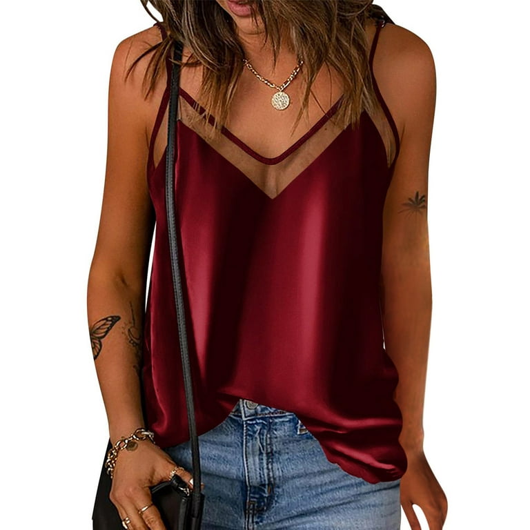 RQYYD Reduced Womens Silk Satin Tank Tops V Neck Casual Cami Sleeveless  Camisole Blouses Summer Loose Fit Basic Tank Shirt Pink L 