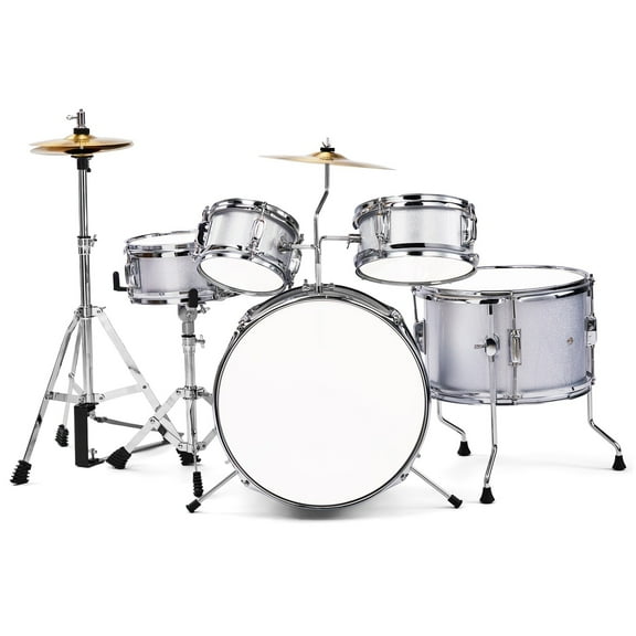 14"x10" 5-Pieces Junior Kids Drum Set Kit Pedal Drum Stick Wrench Drum Stool Silver