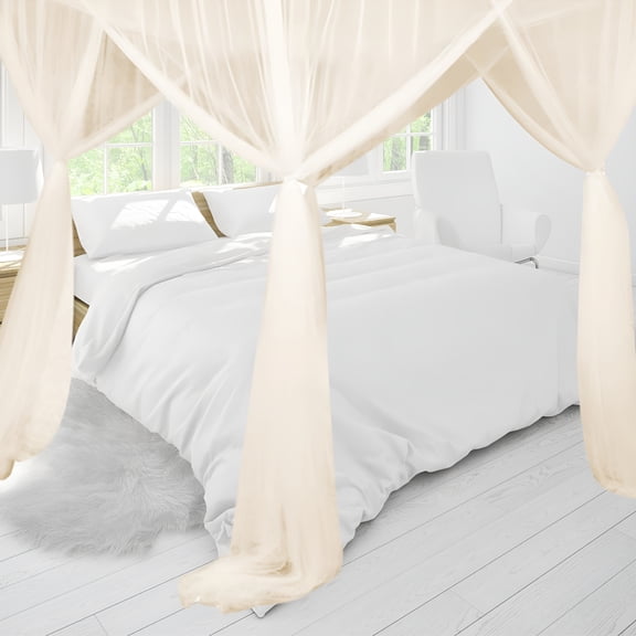AUQ 4 Corner Post Canopy Bed Curtain Bed Drape Hanging Bed Valance Netting for Women Beige