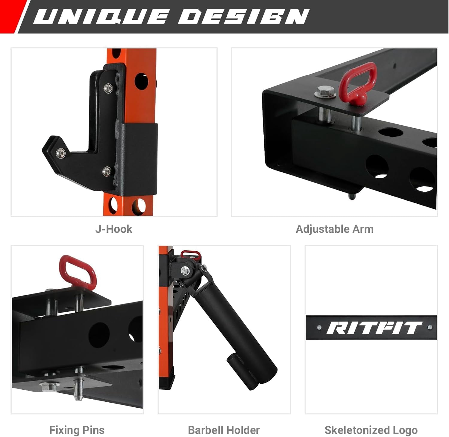 RitFit Multi-Functional Folding Squat Power Rack for Home Gym, 2.36'' x 2.36'' Wall Mounted Squat Rack with Attachments - Space Saving, Orange