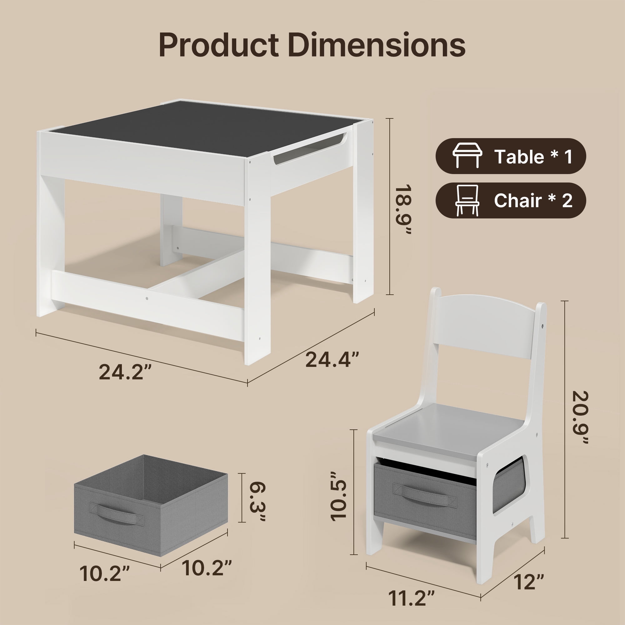 Kid's Table and Chairs Set, Asofer Toddler Craft Table with Removable Desktop Storage, Versatile for Playing Studying Eating, White/Gray