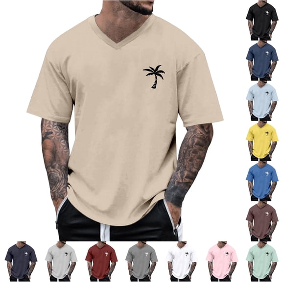 JAJAHO Mens Hawaiian T Shirt Summer Beach Vacation Clothes V Neck Coconut Tree Print Short Sleeve Graphic Tees Comfy Tops
