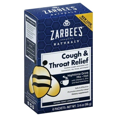 Zarbee's Naturals Cough & Throat Relief Nighttime Drink Mix with Vitamin C, Zinc, & Real Elderberry, Natural Honey Lemon Flavor , 6