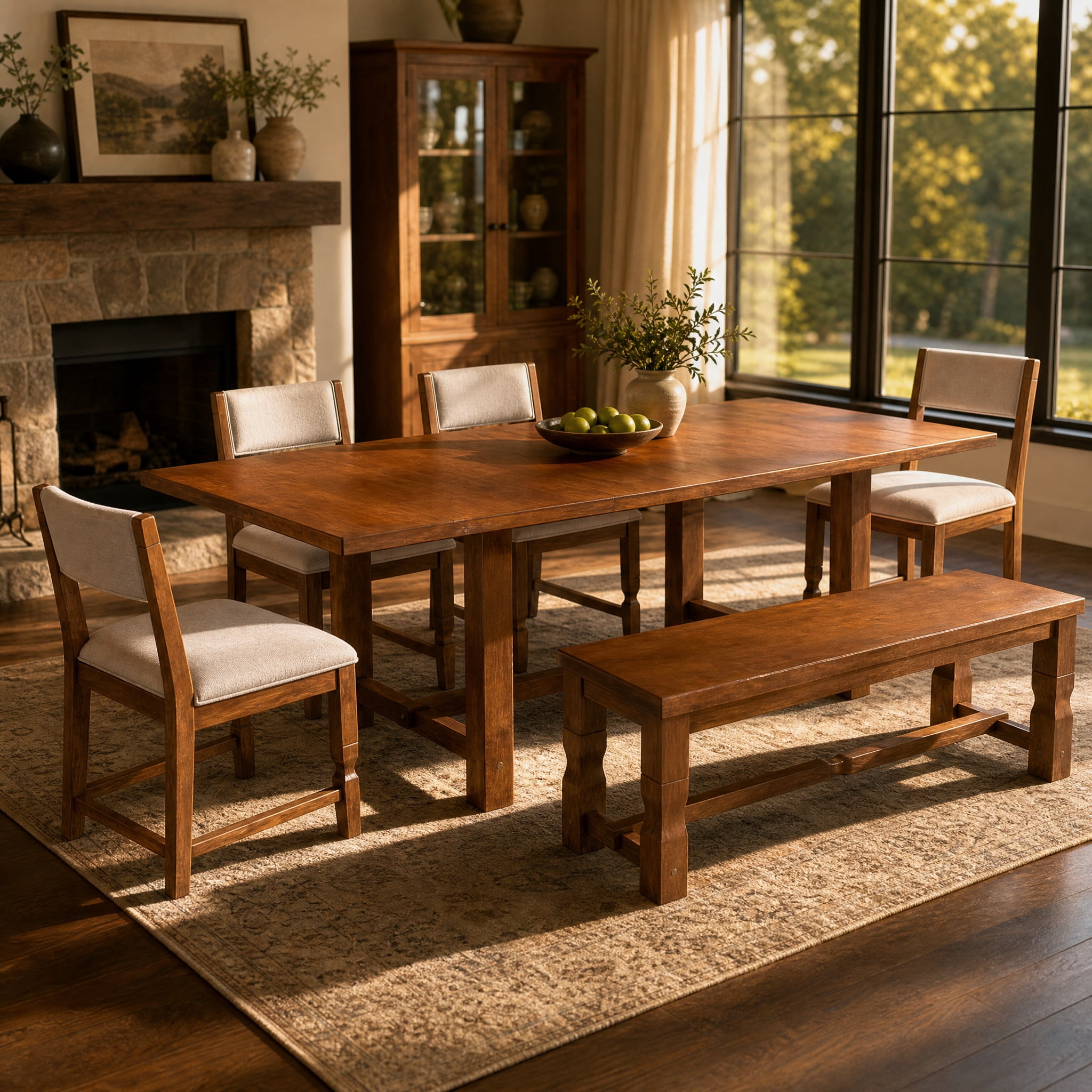 Mintazer 6 Piece Extendable Dining Table Set with 4 Upholstered Dining Chairs & Bench, 84 Inch Rectangular Farmhouse Dinner Table with 2 Removable Leaves for Kitchen Dining Room Apartment, Brown