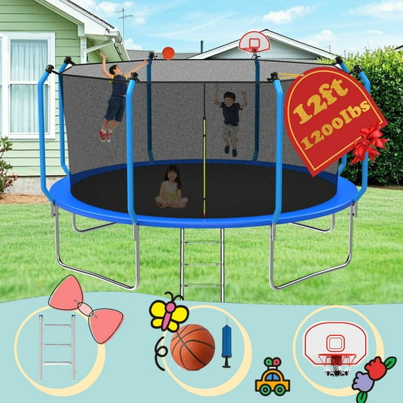 12ft Trampoline for Kids & Adults, UIOWIO 1200lbs Outdoor Trampolines with Basketball Hoop Enclosure Net, Heavy Duty Trampoline with Ladder for Lawn Garden Yard, Bule
