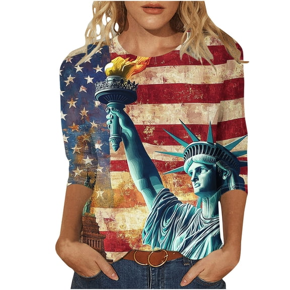 Lenago Plus Size Spring Cute Casual Tops Women's Fashion Printed T-Shirt 3/4 Sleeves Blouse Round Neck Casual Red Xxl