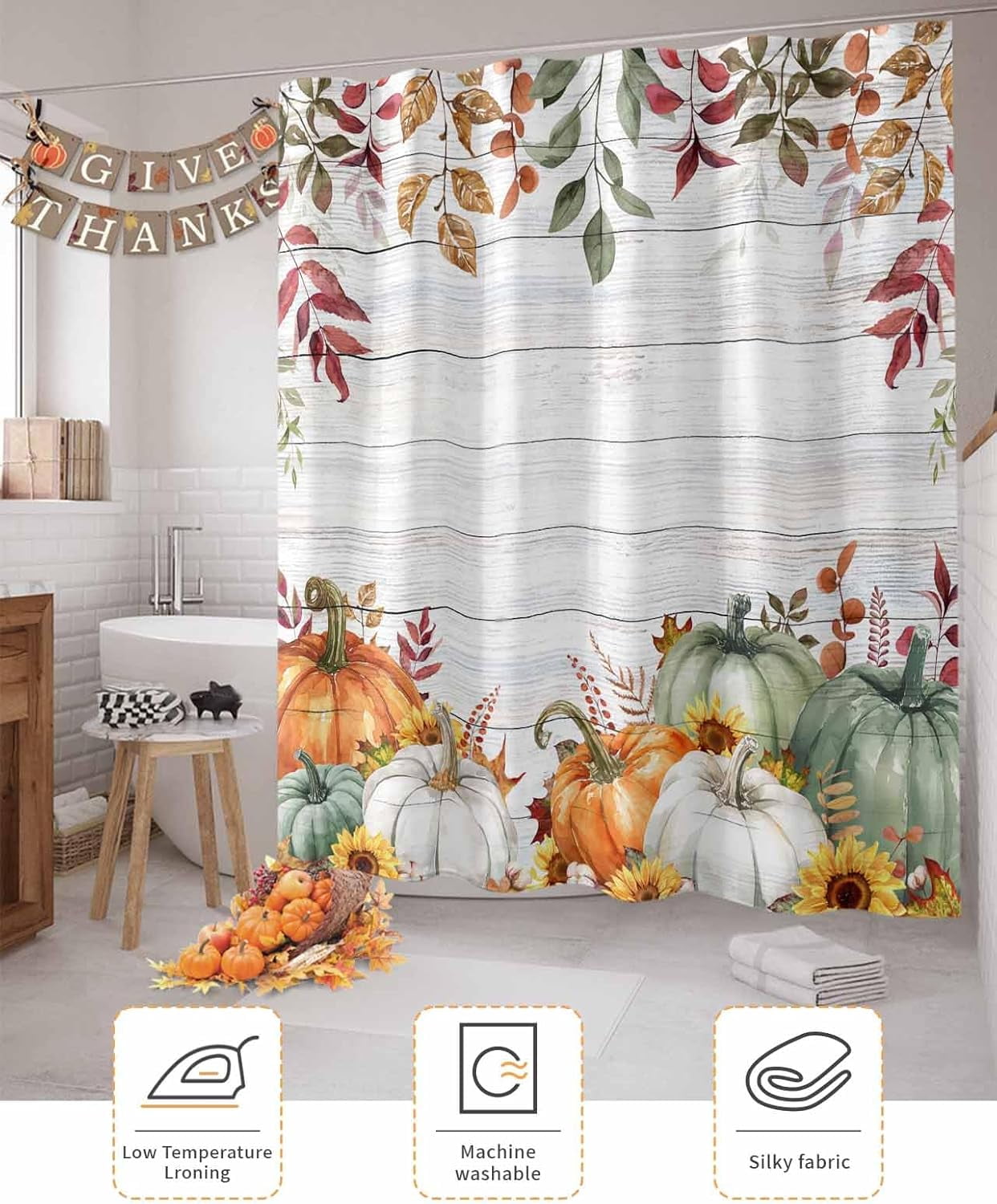 Fall Shower Curtain Sage Green Pumpkin Shower Curtains for Bathroom Sunflower Eucalyptus Leaves Wood Grain Bath Curtains Sets with Hooks for Autumn Thanksgiving Seasonal Decor Standard 72" X 72"