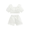 thumbnail image 1 of Franhais Girls Casual Two-piece Pants Suit, White V-neck Lace Hem Short Sleeve Tops and Elastic Waist Shorts, 1 of 8