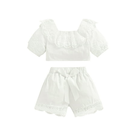 

IZhansean Toddler Baby Girls Summer Outfits Lace Hem Short Sleeve Tops and Elastic Waist Shorts Clothes White 18-24 Months