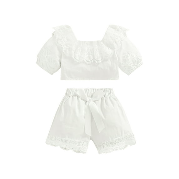 Franhais Girls Casual Two-piece Pants Suit, White V-neck Lace Hem Short Sleeve Tops and Elastic Waist Shorts