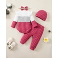 thumbnail image 3 of KIMI BEAR Newborn Baby Girls Outfit Set 0-3 Months Clothes Ruffle Long Sleeves Color Block Romper Bowknot Pants with Headband and Hat 4pcs Winter Clothing Pink, 3 of 9