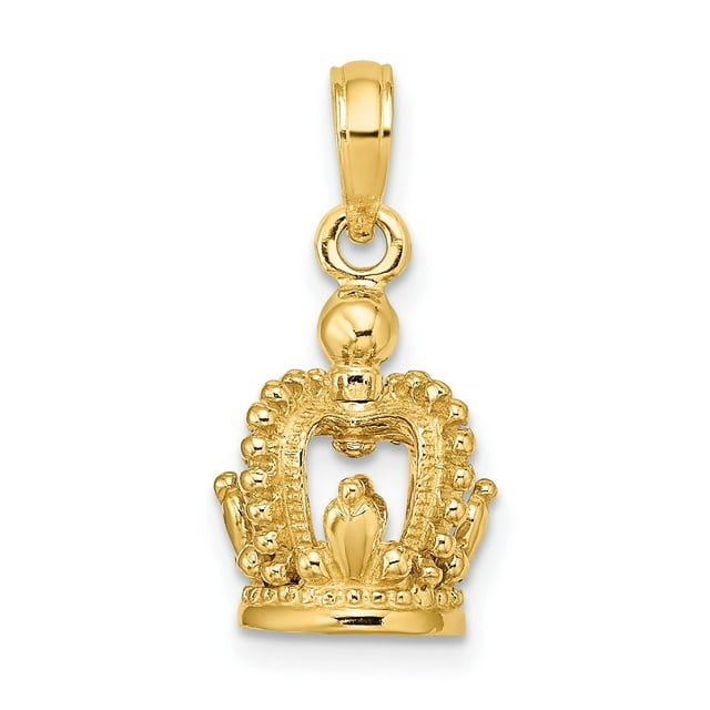 14K Yellow Gold Polished Finish 3-Dimensional Beaded Crown Design Charm Pendant