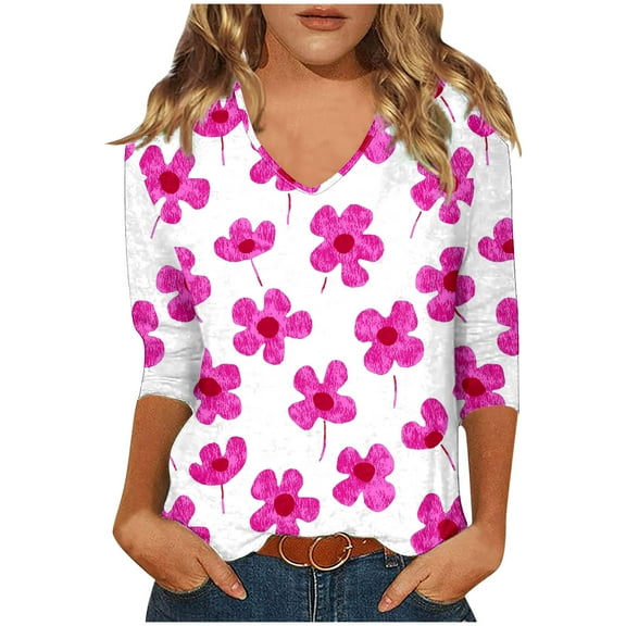 CYMMPU 3/4 Sleeve V Neck Blouses for Women Dressy Casual Loose Fit Tunic Tops Spring Tops Floral Printed Fall Trendy Shirts Business Elegant Work Tops T-Shirts Hot Pink M