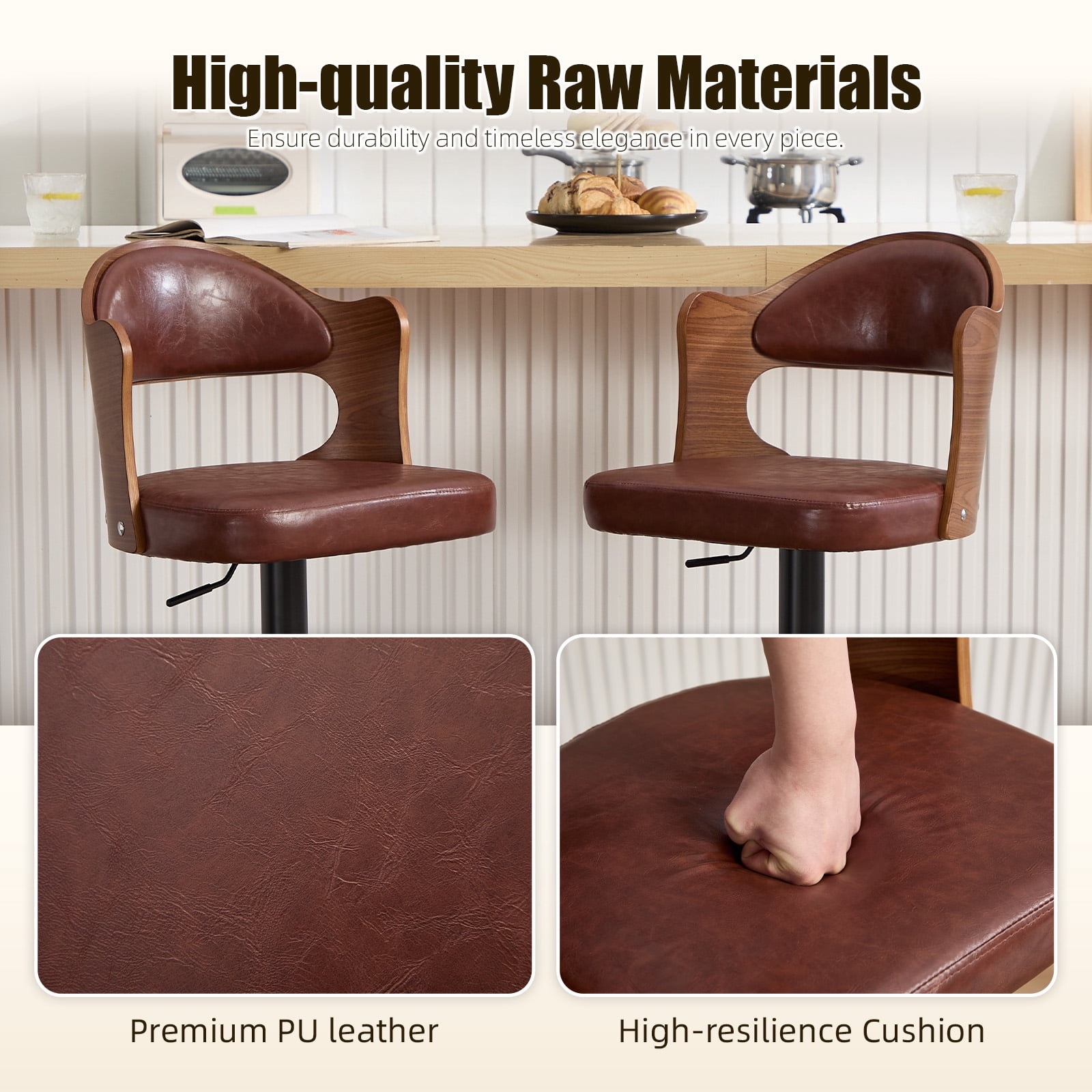 Homefun Swivel Bar Stools Set of 2,Wooden Upholstered Scratch-Resistant Fabric with Back,Chairs for Kitchen Island,Brown