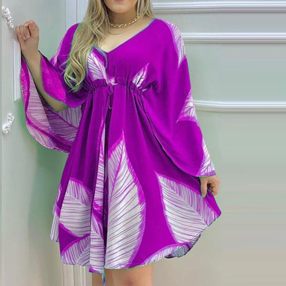Wycnly Formal Dresses for Women Fashion Batwing Sleeve High Waist Irregular Swing Mini Dresses Long Sleeve V-Neck Leaves Print 2024 Summer Short Dress Purple l