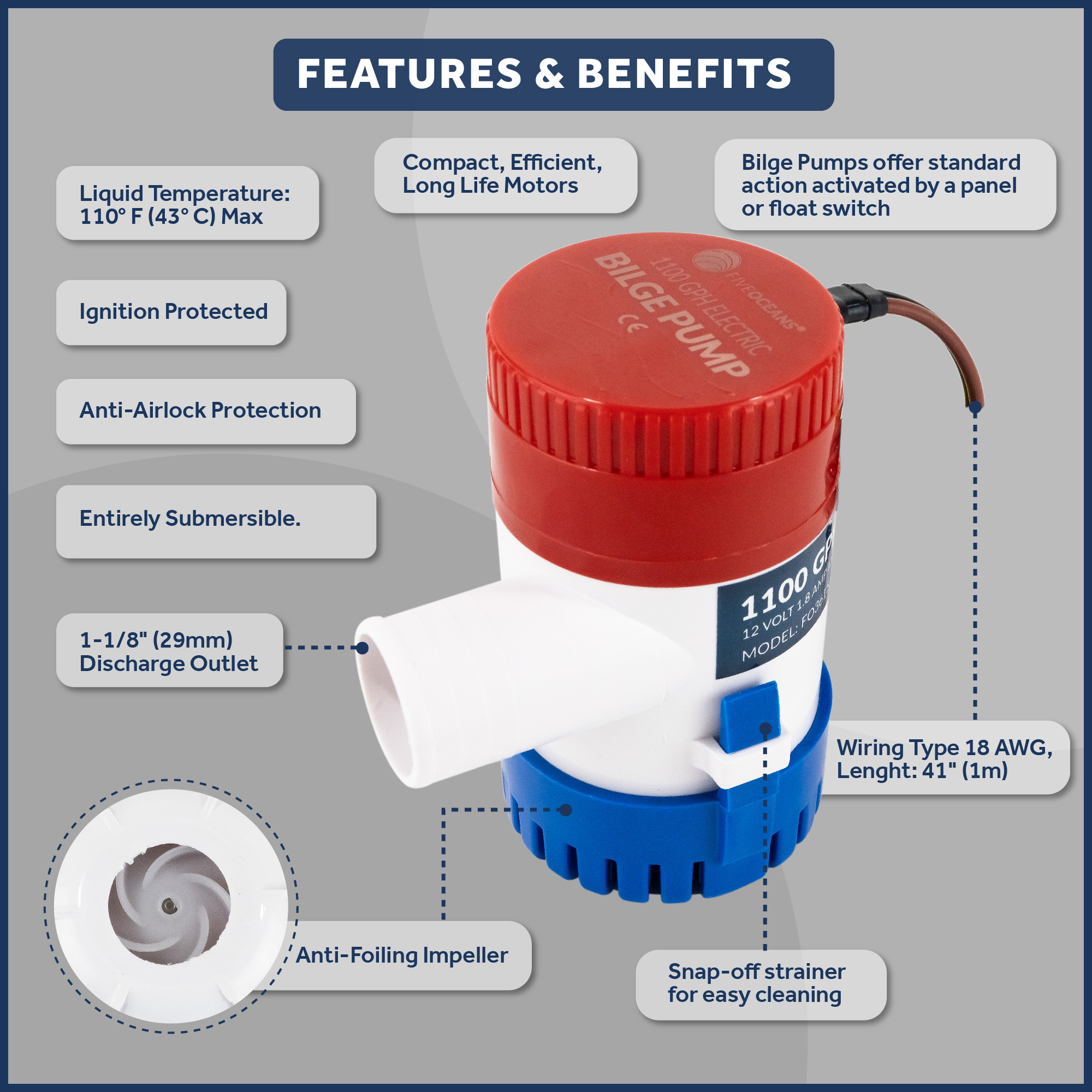 Five Oceans 1100 GPH / 4164 LPH Bilge Pump, 12-Volts, 1-1/8-Inch (29mm) Interior Diameter Hose, 41-Inch 14-Gauge Wire - FO3615