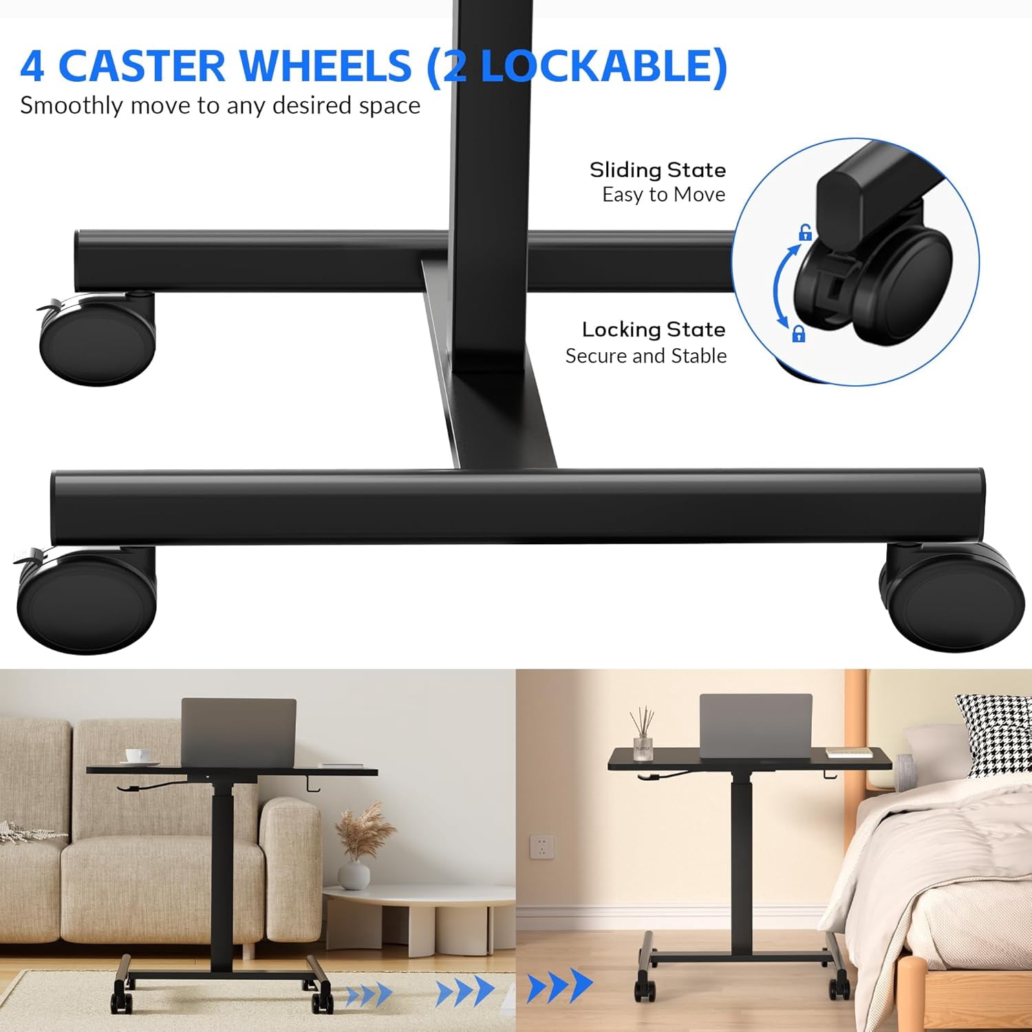 JessieMal Mobile Laptop Standing Desk Adjustable Height, Small Mobile Desk Workstation with Wheels, Portable Rolling Computer Desk Cart for Home Office Classroom (Black)