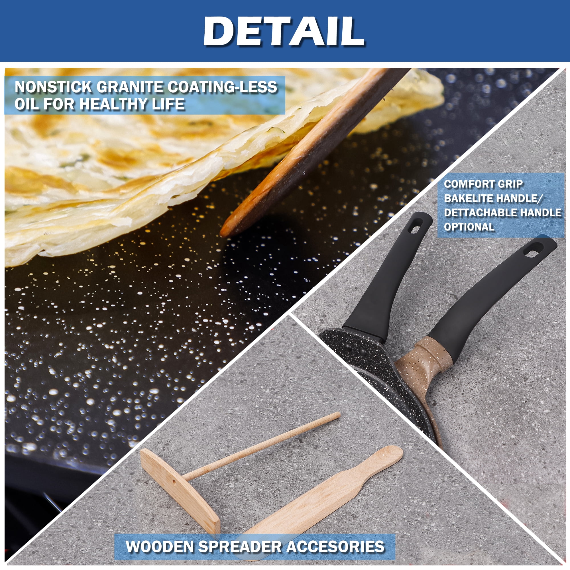 Crepe Pan Nonstick with Spreader & Spatula Kit, Clatine 11 inch Granite Stone Coating Flat Tortilla Skillet Tawa Dosa Pancake Pan , All Stove Tops Compatible, Black