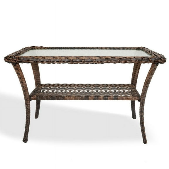 PARKWELL Outdoor Coffee Table with Glass Top and 2-Layer Storage Shelves,All-Weather Brown Wicker Rectangular Table for Backyard Porch Garden