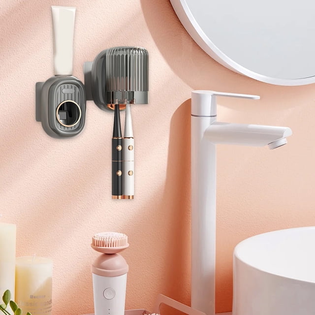 RKSTN toothpaste squeezer Toothbrush Rack- No Punching Mouthwash Cup- Wall-mounted Bathroom Toothpaste Dispenser- Automatic Toothpaste Squeezing For Children And Adults