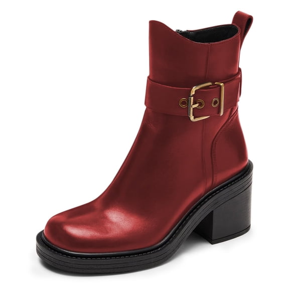 YDN Women's Square Close Toe Ankle Boots Side Zippers Buckle Strap Chunky Mid Heels Combat Boots Daily Dress Shoes Size 7 Red
