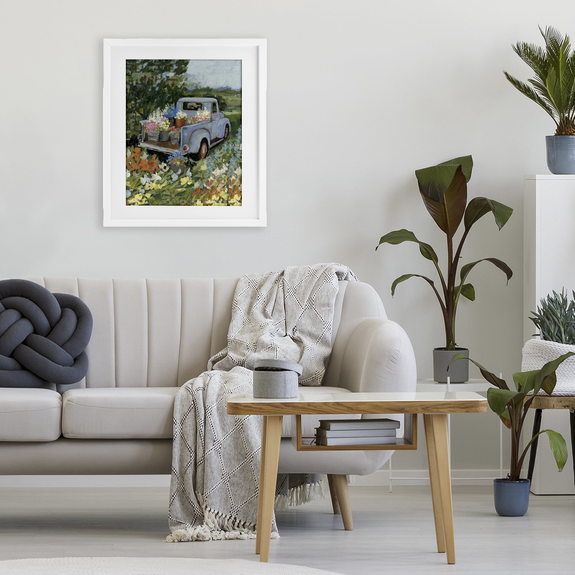 Stupell Industries Truckin' Field with Flowers White Framed Print Under Glass, design by Susan Winget