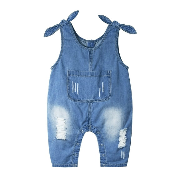 Kidscool Space Baby Girls Big Bib Pocket Ripped Bowknot Decor Jeans Coveralls,Blue,2-3 Years