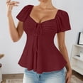 thumbnail image 2 of FUYUDY Women Tshirts Fashion Summer Short Sleeve T-Shirt With Drawstring V Neck Tie Design Casual Solid Color Tee Tops Trendy Female Dailywear, 2 of 5