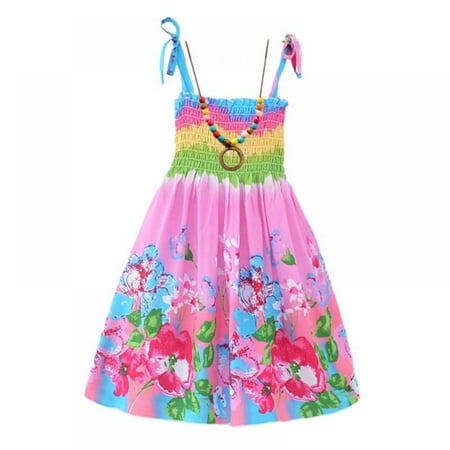 

BULLPIANO 2-12 Years Girls Casual Dress Fashion Swing Dress Summer Boho Dress with Necklace