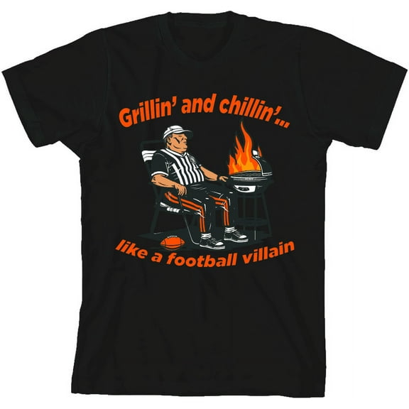 Grillin' and Chillin' Like A Football Villain Youth Black Crew Neck Short Sleeve Tee-Medium