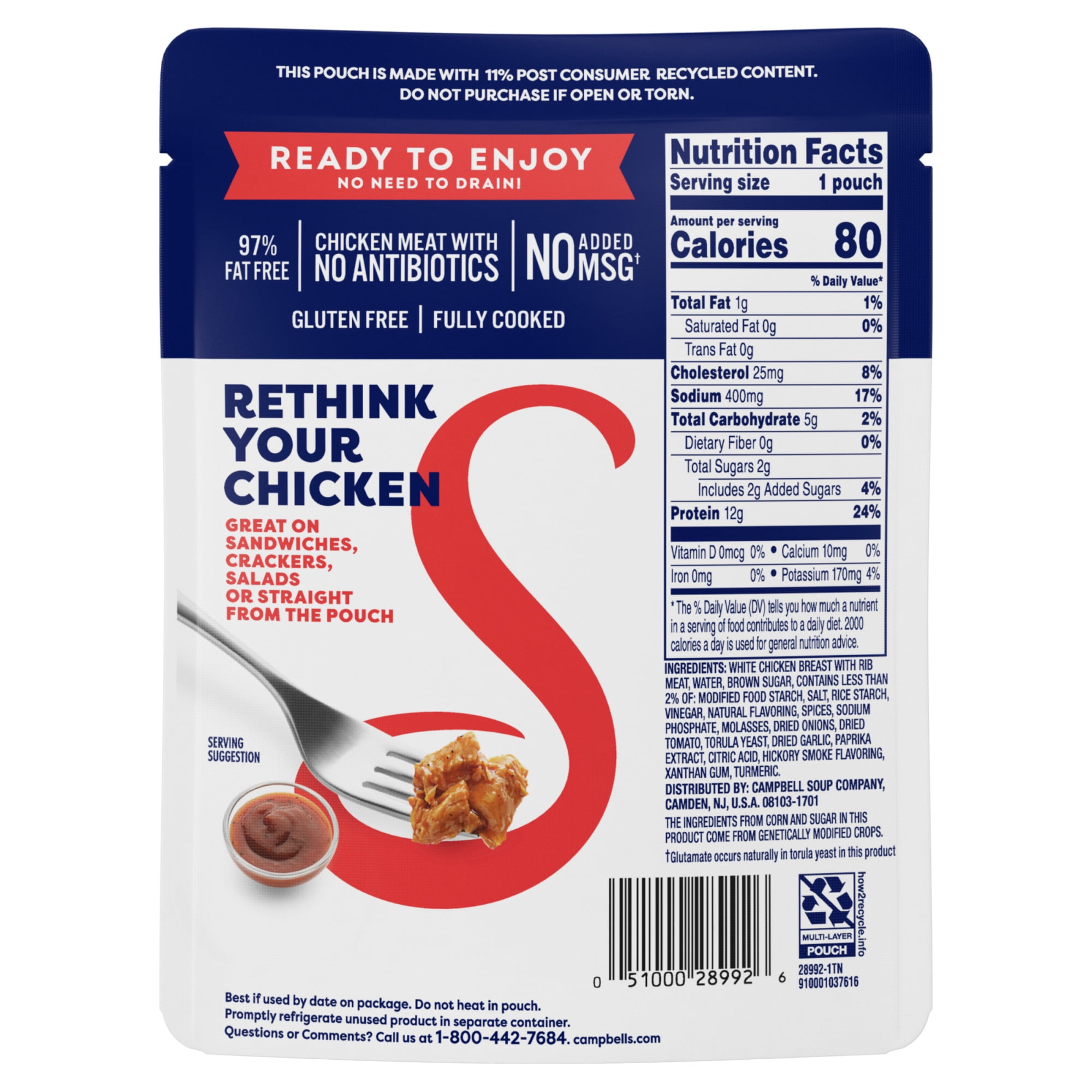 (2 pack) Swanson Hickory Smoked BBQ White Chunk Fully Cooked Chicken, 2.6 oz Pouch