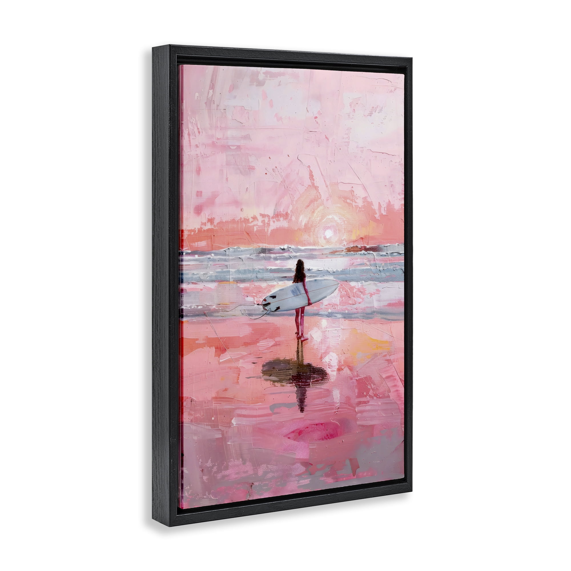 Stupell Industries Surfer at Pink Sunset Black Framed Floater Canvas Wall Art, design by Creative Studio