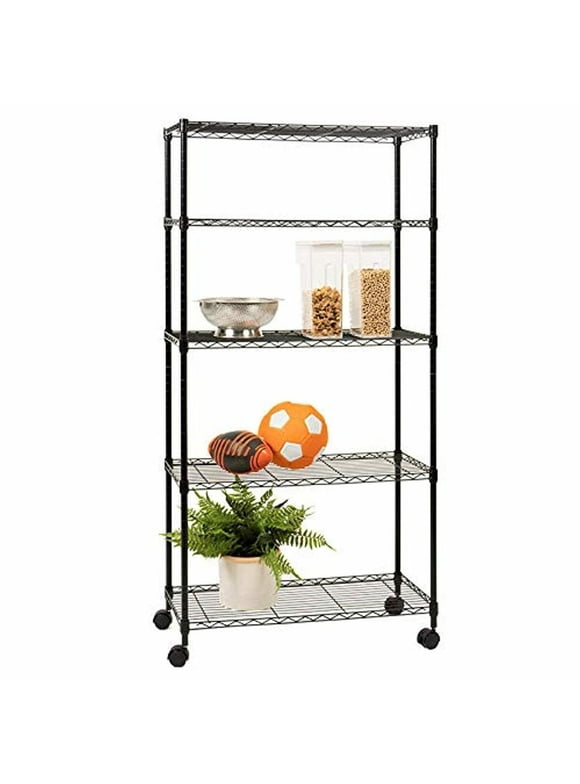 uhomepro Black Metal Shelving Unit, 5-Tier Height Adjustable Kitchen Storage Shelves with Wheels, Wire Shelving Rack for Home Garage Office kitchen