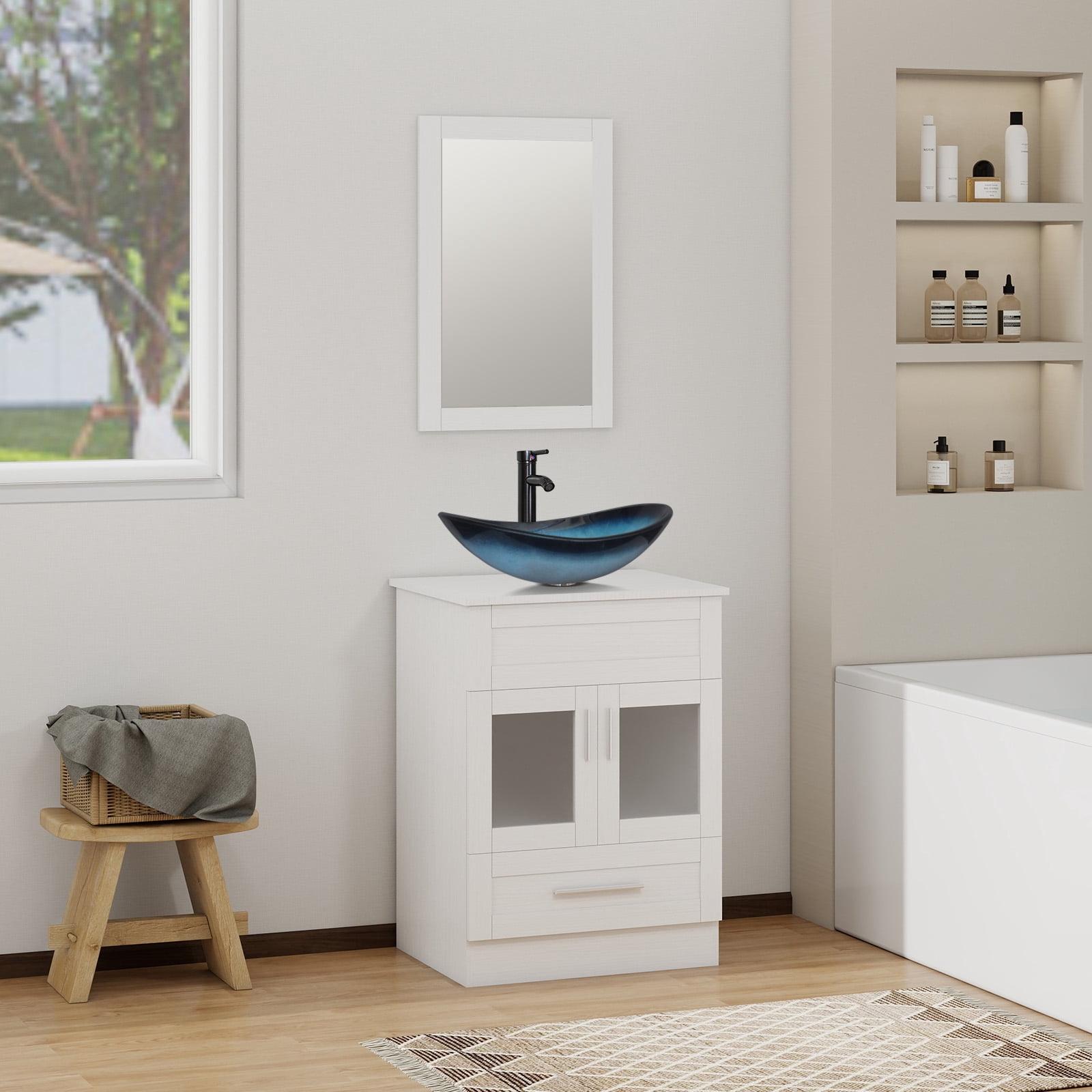 ELECWISH 24" Vanity Bathroom Cabinet with Mirror and Vessel Sink Bowl Faucet Combo Set